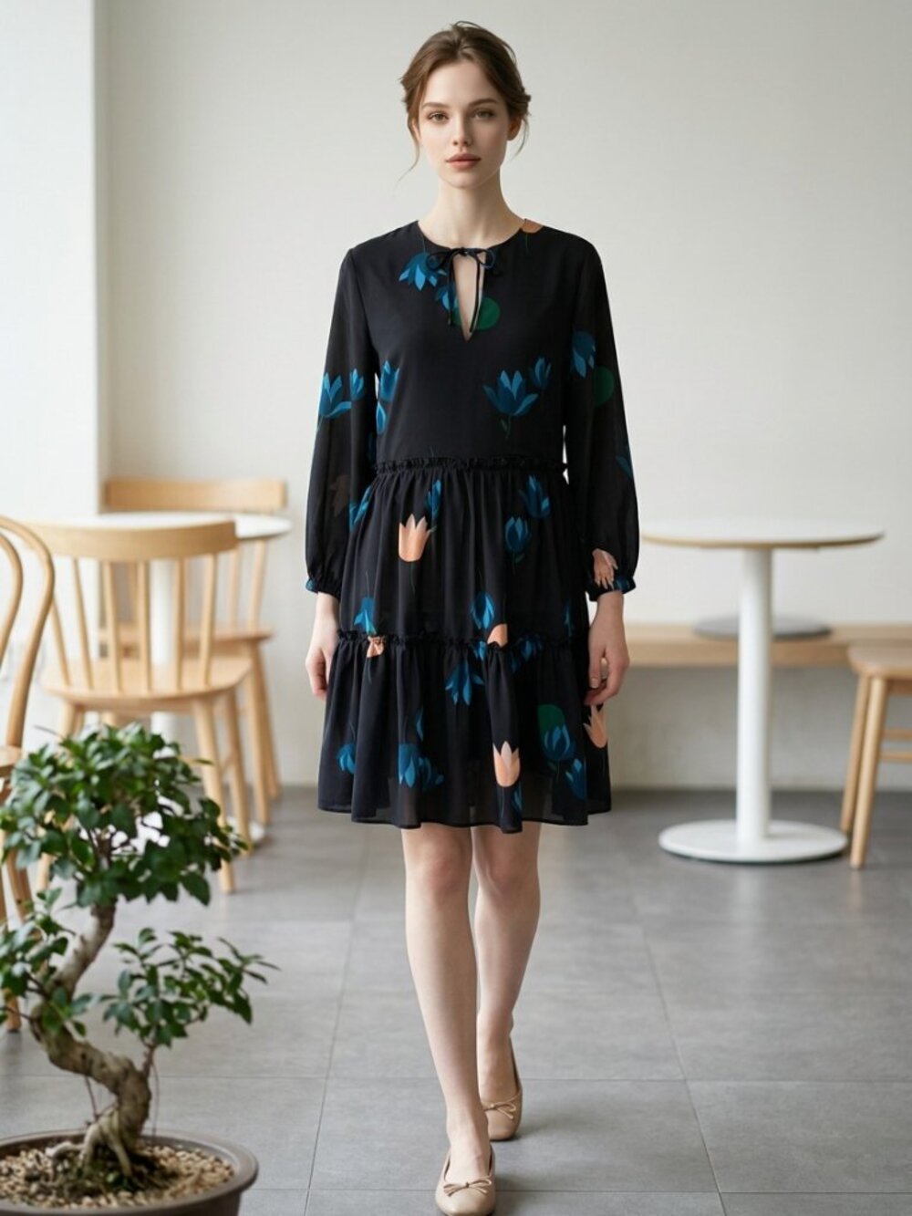 Ann Taylor Petite Floral Tiered Dress Black Blue Long Sleeve Size 4P